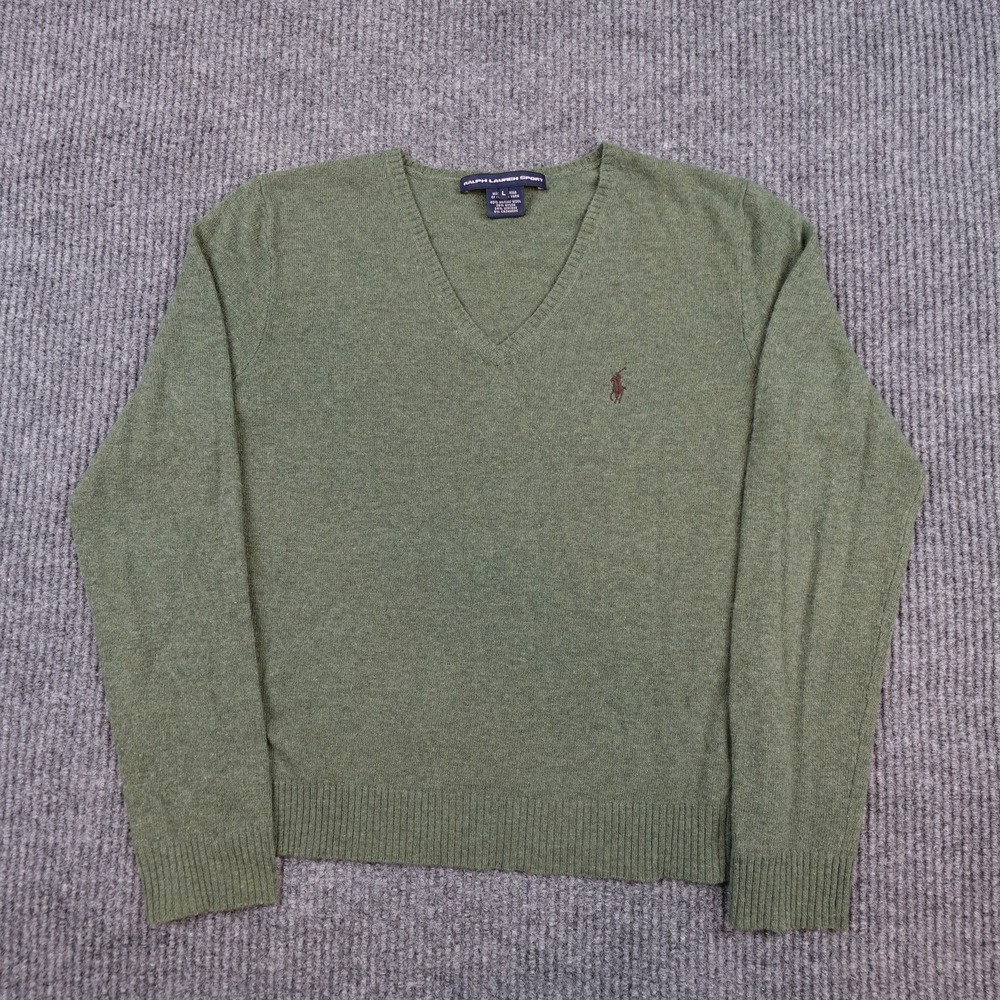 Ralph Lauren Sport Sweater Womens Large Green V Neck Wool Cashmere Knit Pullover